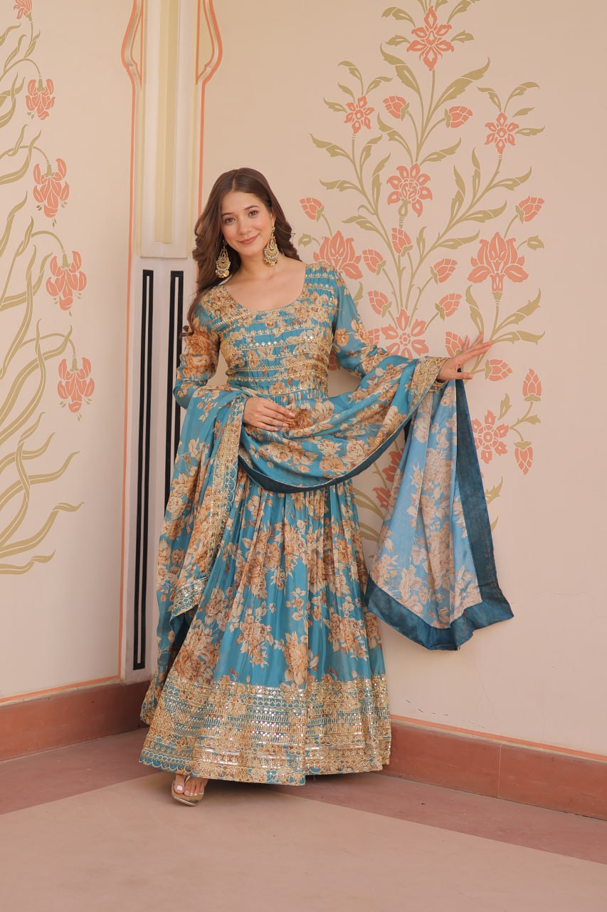 Ruhi Russian Silk Rich  Digital Print With Embroidered Sequins Work Gown