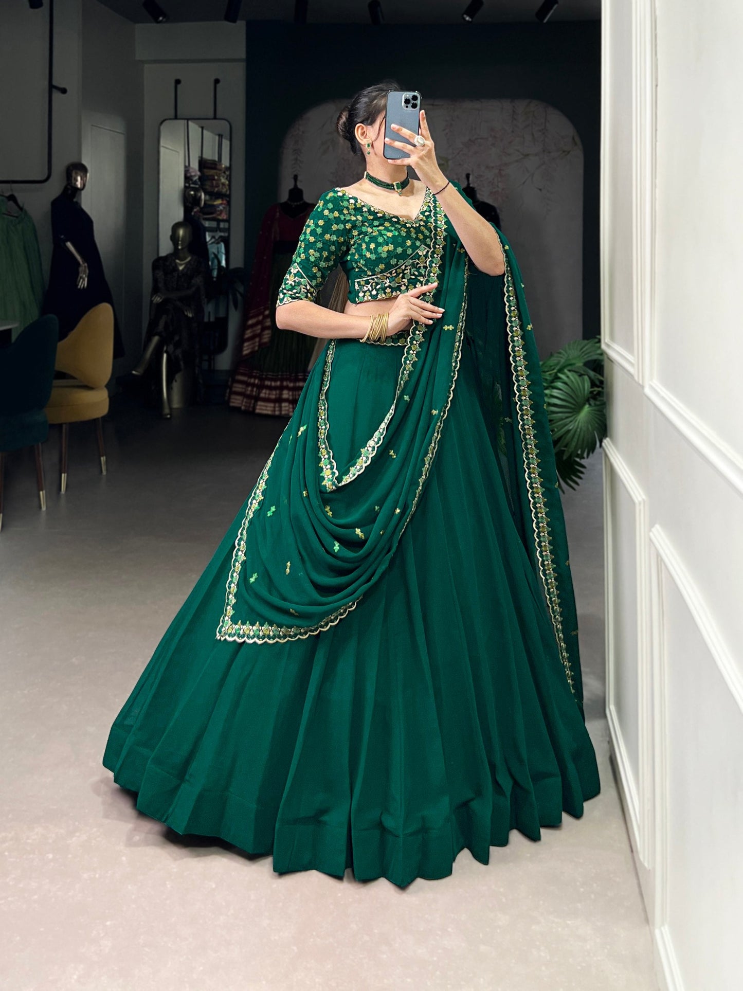 Nazakat – The Green Charm  Thread Embroidery Work Belt lehenga choli