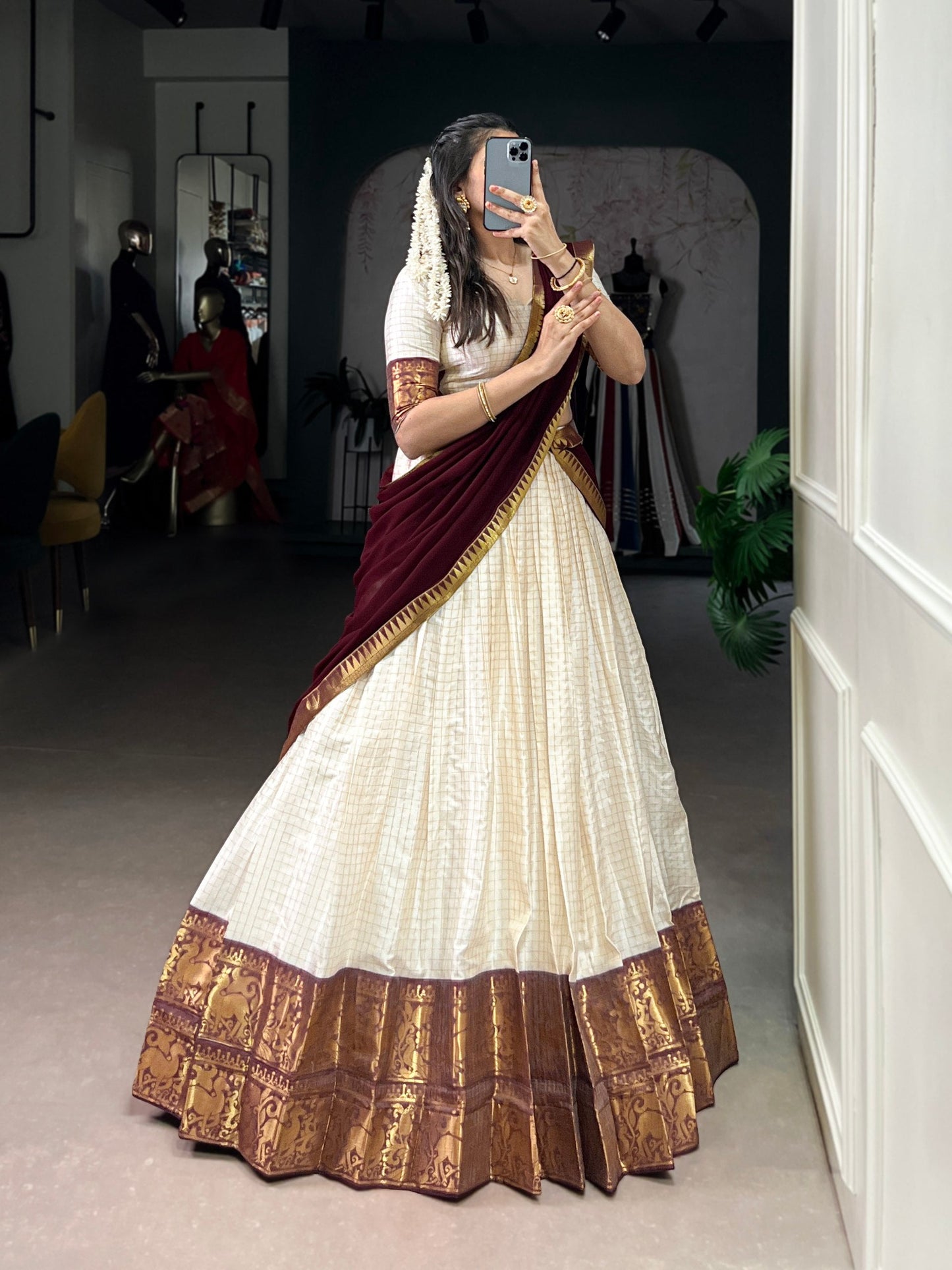 Anvika Maroon Kanjivaram Inspired Lehenga Choli