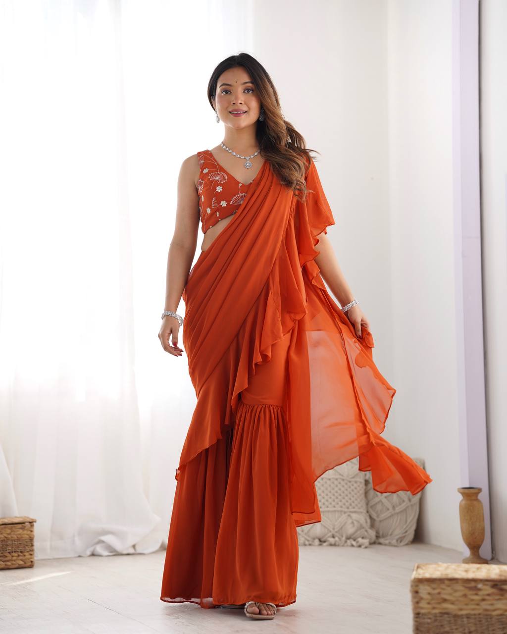 Stylish Party Wear Ruffle Saree Pant Set