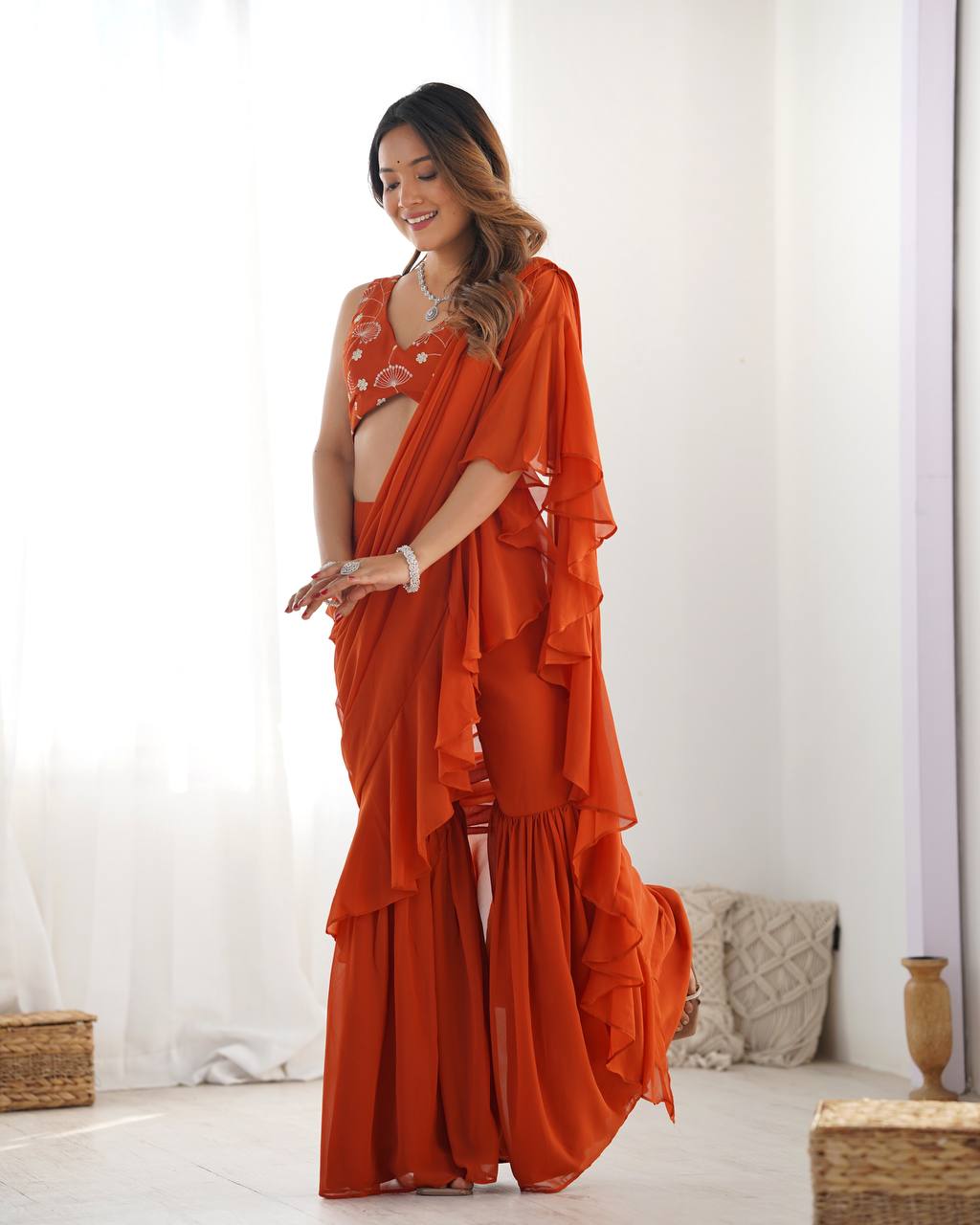 Stylish Party Wear Ruffle Saree Pant Set
