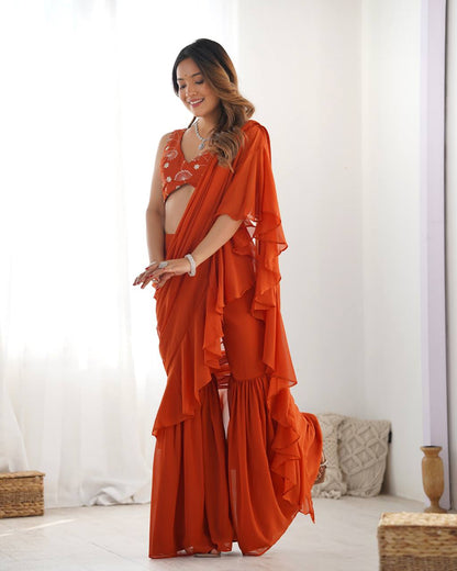 Stylish Party Wear Ruffle Saree Pant Set