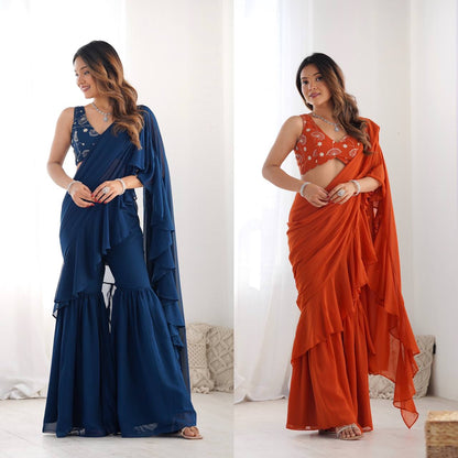 Stylish Party Wear Ruffle Saree Pant Set