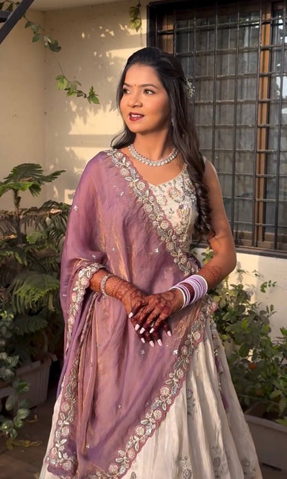 Kashvi’s Pastel Royalty White Bridal Lehenga with Sequin Floral Work