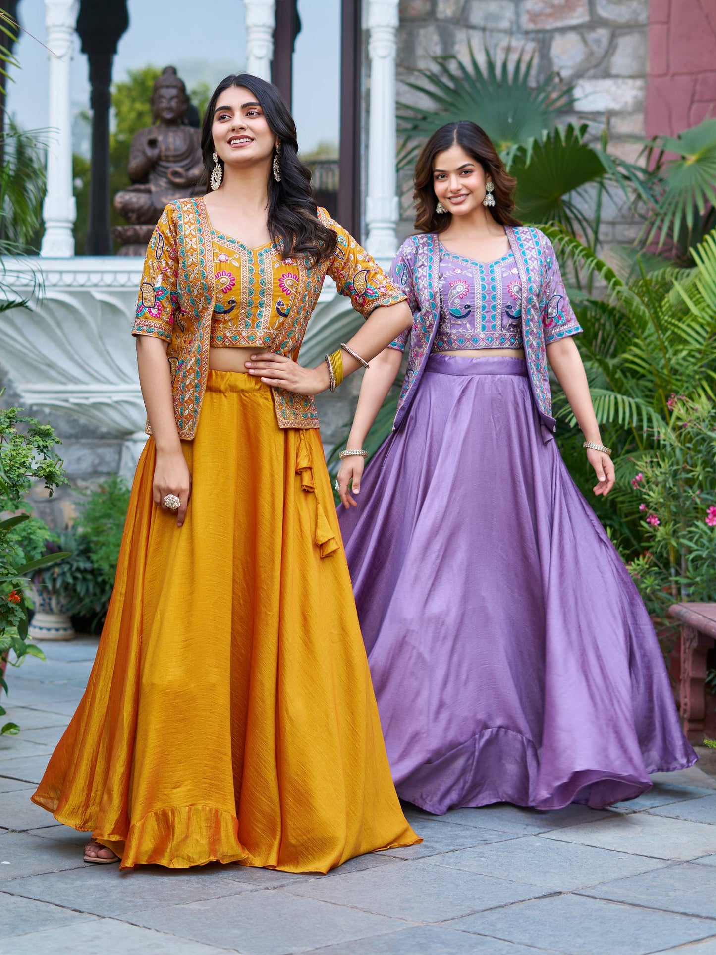 Aarvi Mustard And Lavender Embroidered Jacket Lehenga Set