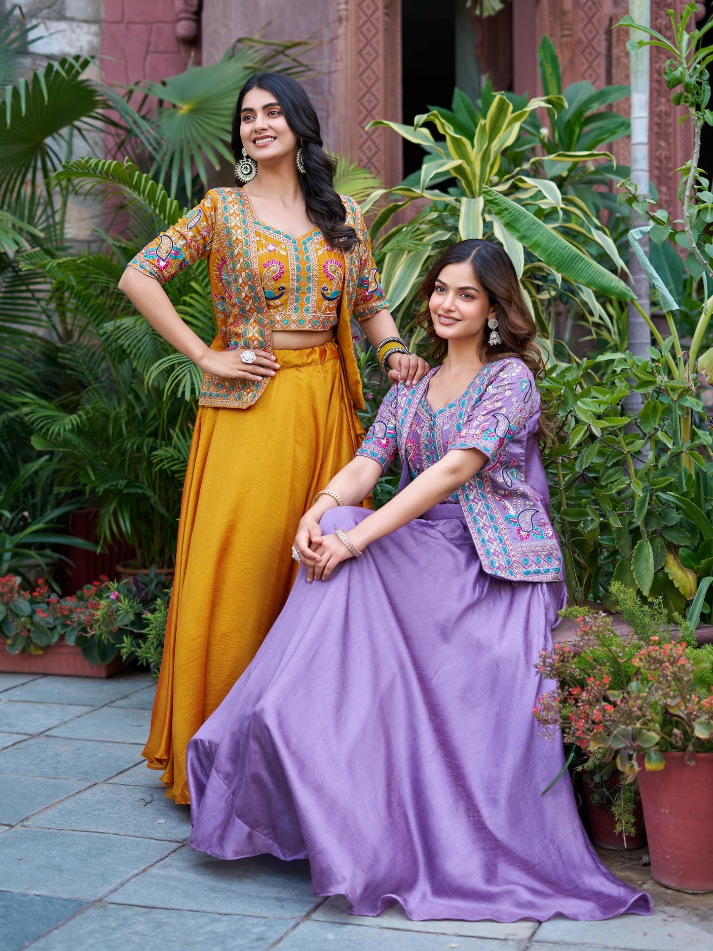 Aarvi Mustard And Lavender Embroidered Jacket Lehenga Set