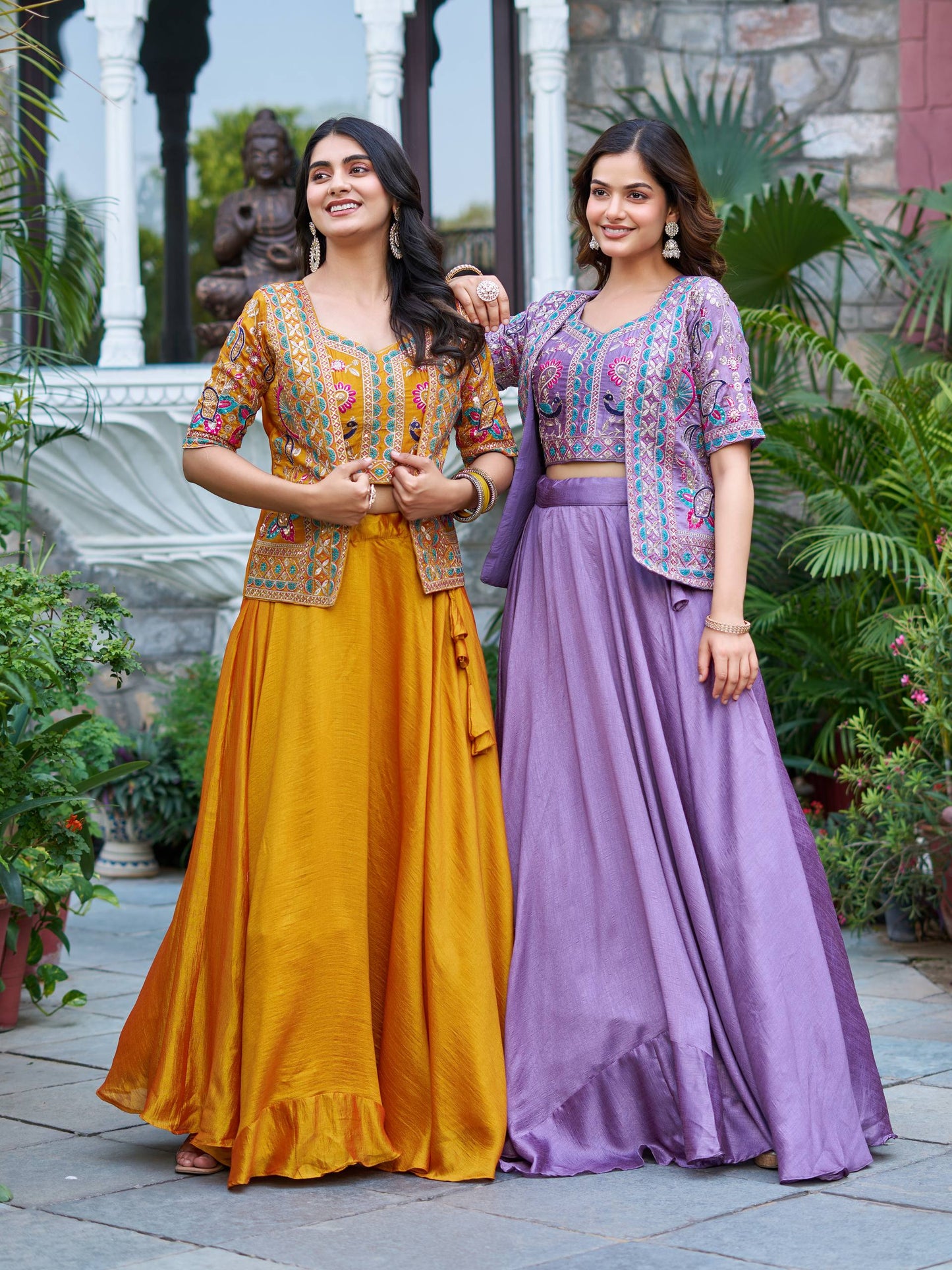 Aarvi Mustard And Lavender Embroidered Jacket Lehenga Set