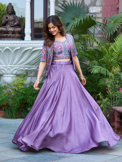 Aarvi Mustard And Lavender Embroidered Jacket Lehenga Set
