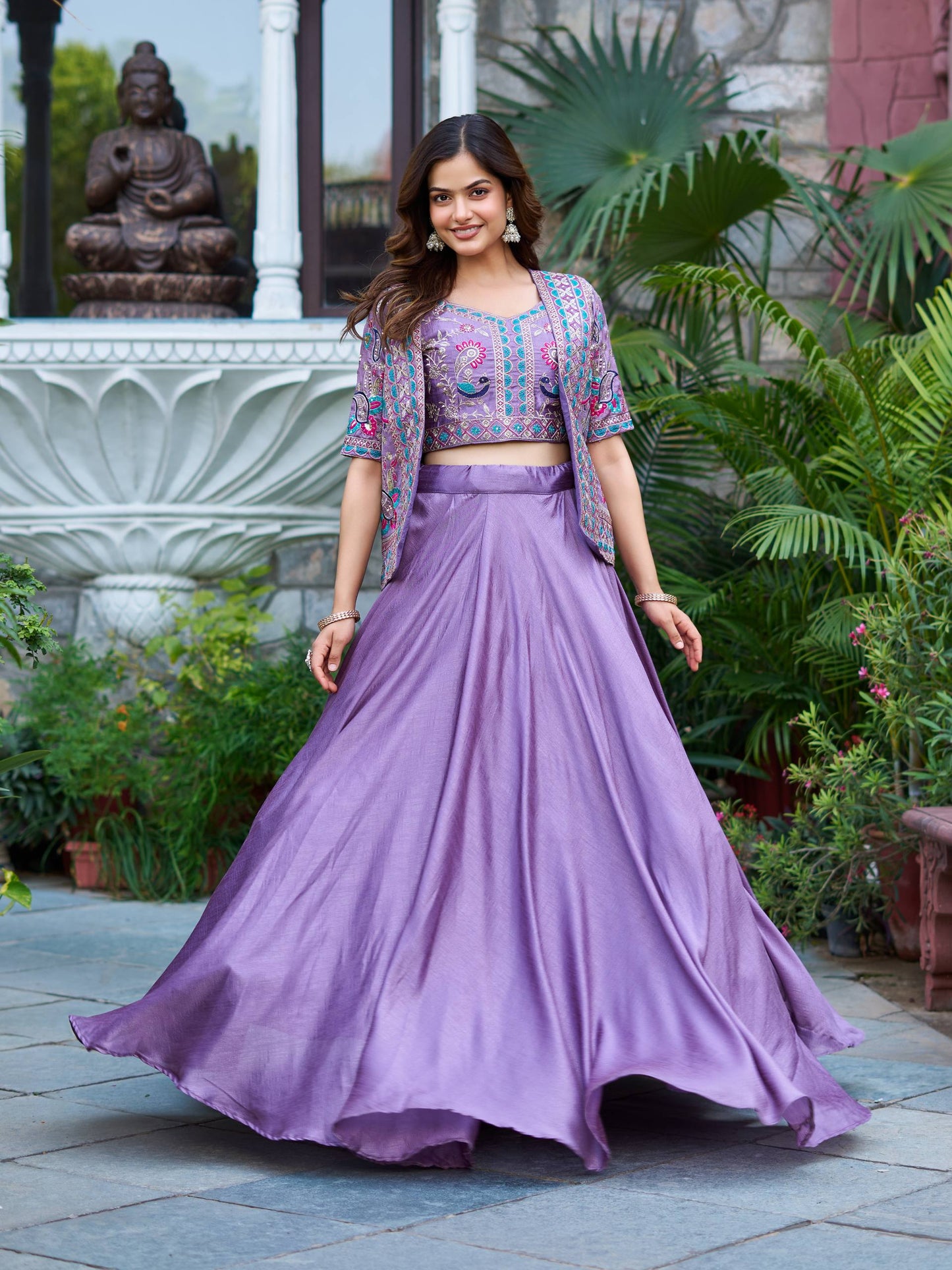 Aarvi Mustard And Lavender Embroidered Jacket Lehenga Set