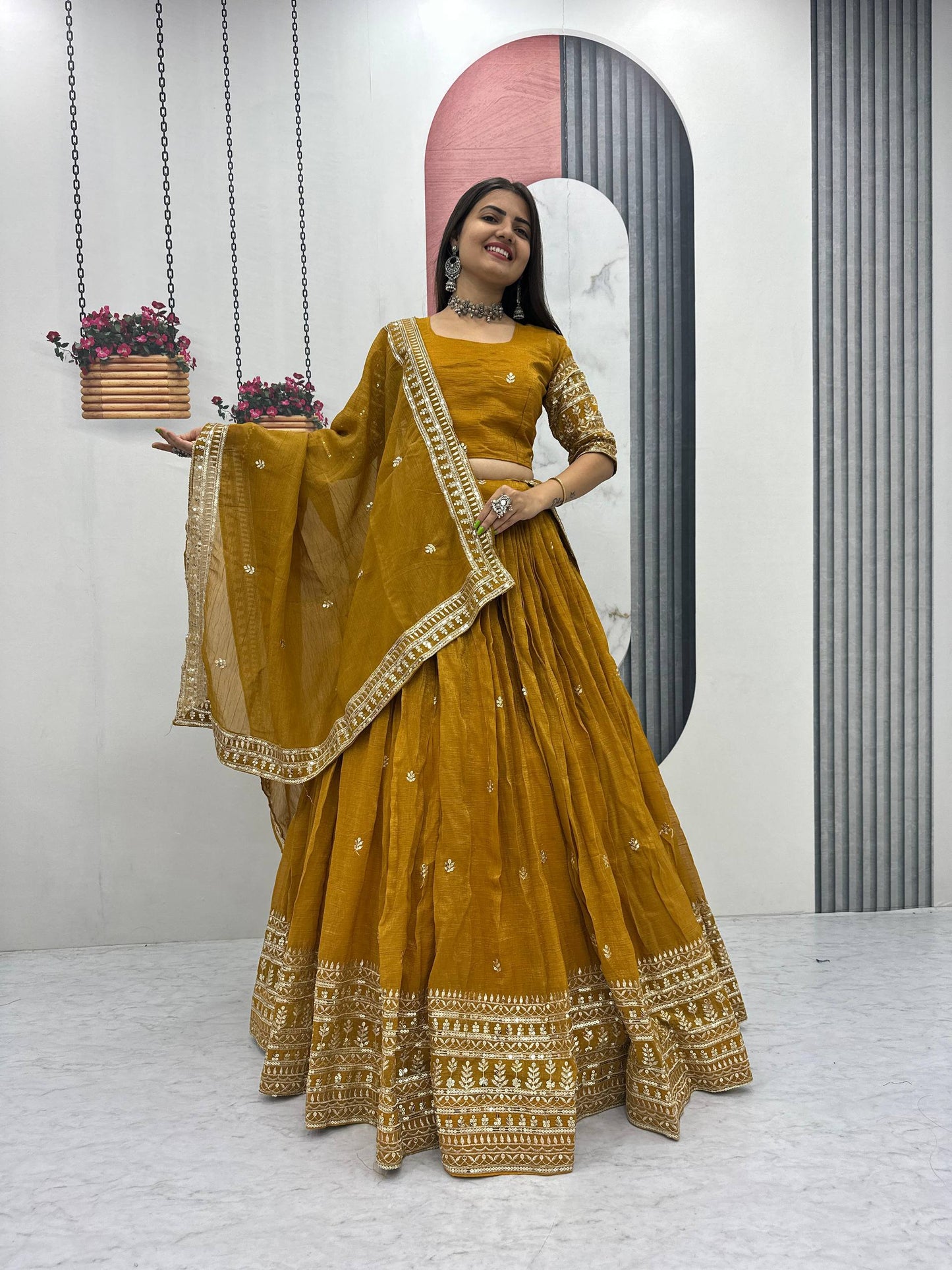 Ridhi’s Golden Charm Lehenga Choli
