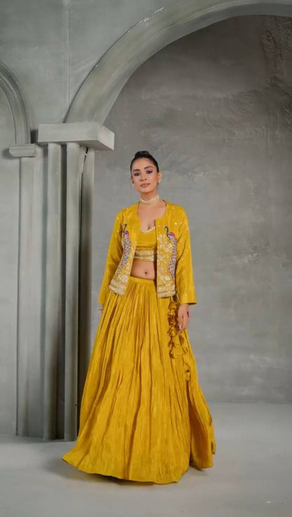 Kashavi Mustard Crop Top with Jacket Lehenga Choli