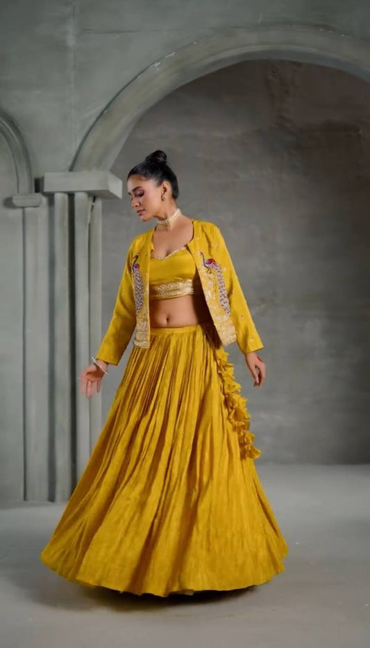 Kashavi Mustard Crop Top with Jacket Lehenga Choli