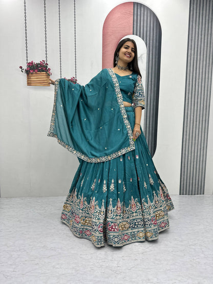 Palak Noor Teal Embroidered Lehenga Choli