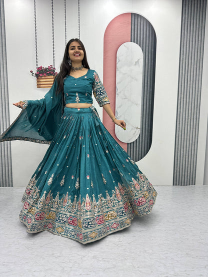 Palak Noor Teal Embroidered Lehenga Choli