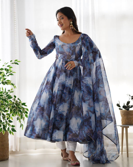 Ocean Mist Marble Print Serenity Anarkali Suit