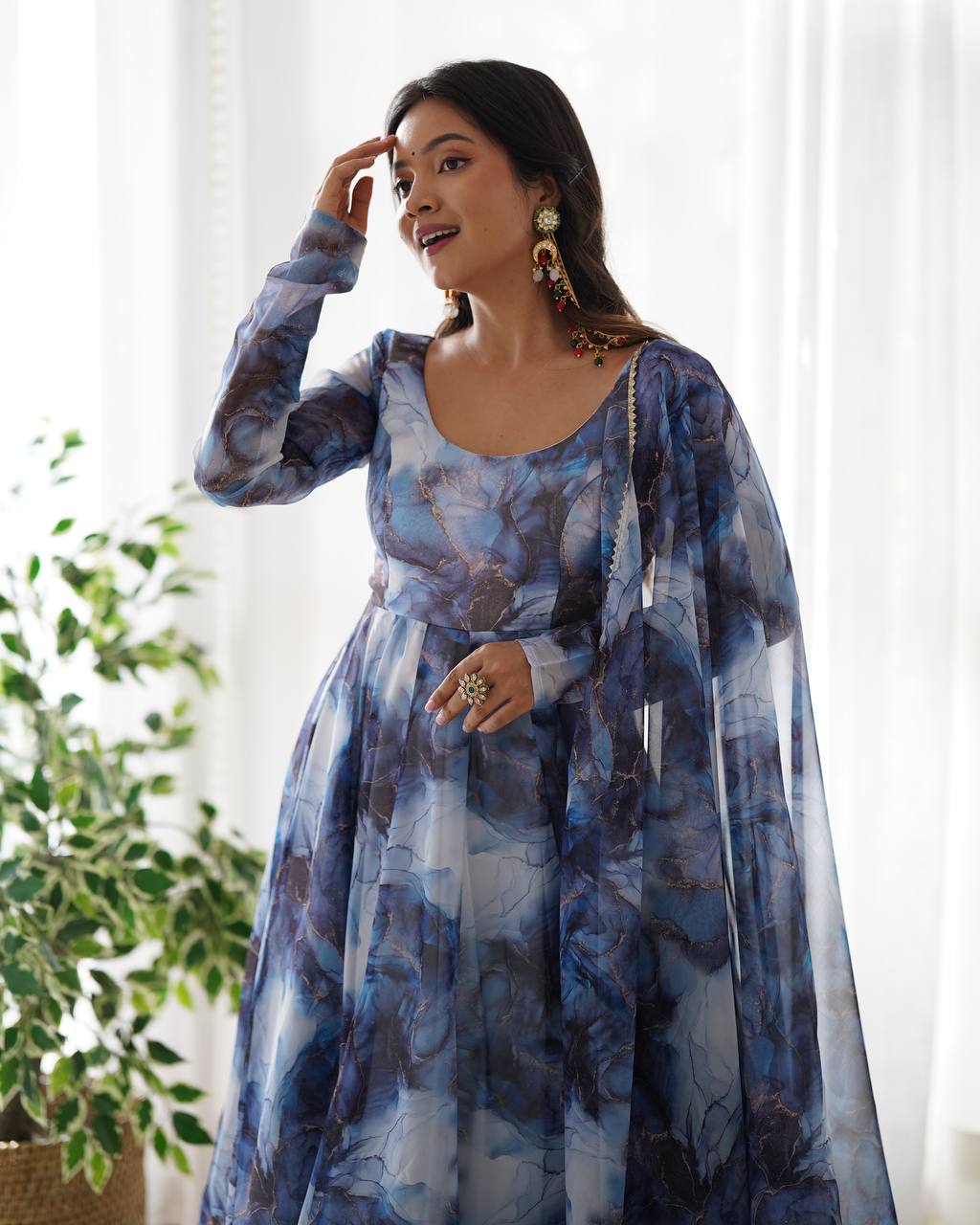 Ocean Mist Marble Print Serenity Anarkali Suit