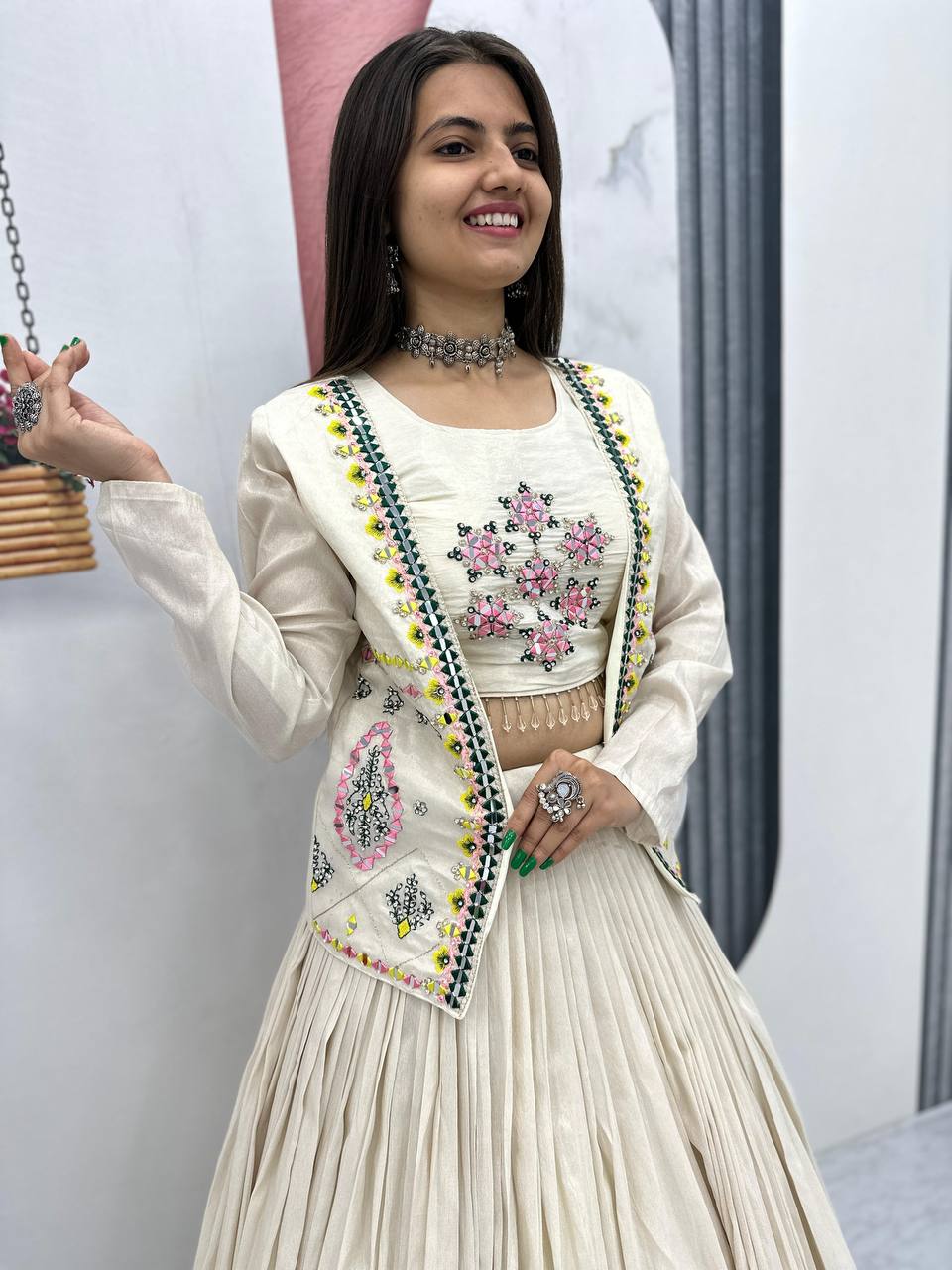 Noor-e-Nazaakat: Off-White Lehenga with Mirror Work Jacket