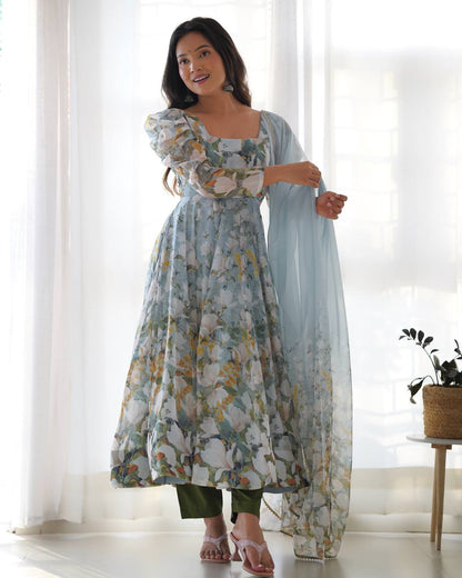 BloomAura Heavy Pure Soft Organja Silk Floral Print Anarkali Set