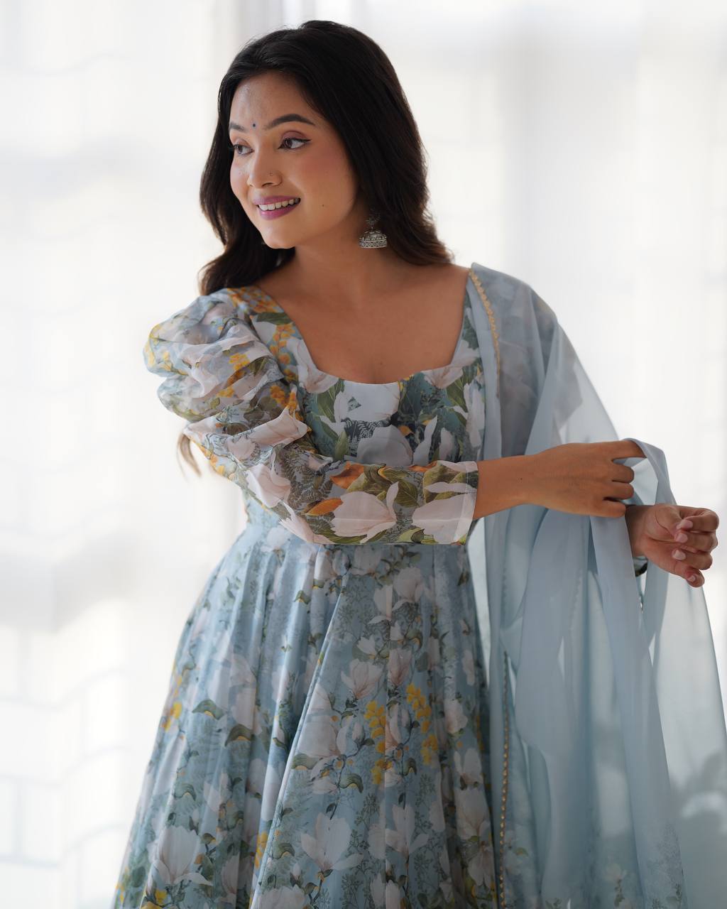 BloomAura Heavy Pure Soft Organja Silk Floral Print Anarkali Set