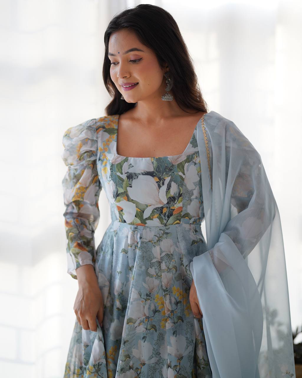 BloomAura Heavy Pure Soft Organja Silk Floral Print Anarkali Set