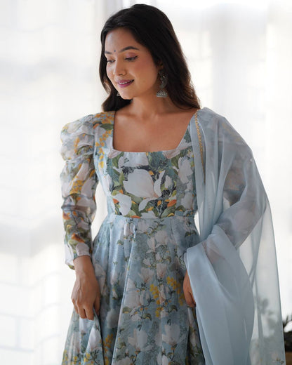 BloomAura Heavy Pure Soft Organja Silk Floral Print Anarkali Set