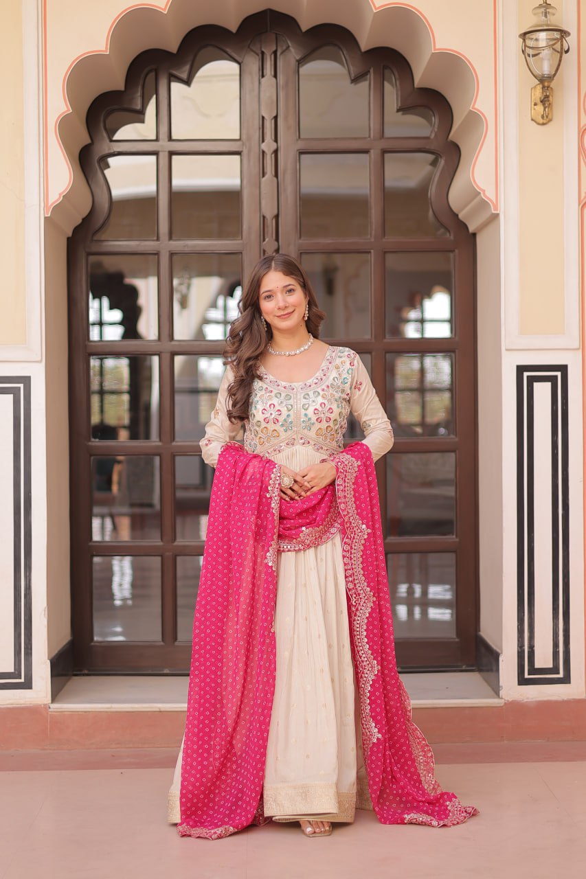 Navrang Elegance - Cosmos Jequard Gown With Bandhani Printed Embroidered Cut work Dupatta Gown Set