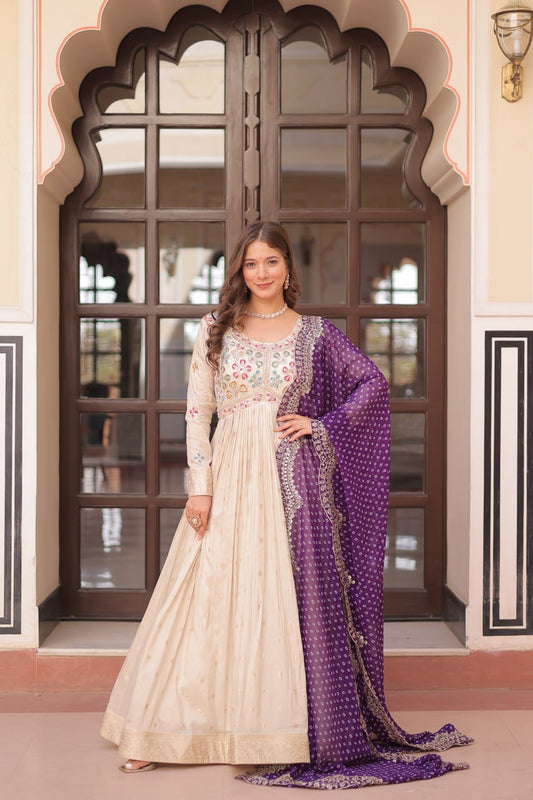 Navrang Elegance - Cosmos Jequard Gown With Bandhani Printed Embroidered Cut work Dupatta Gown Set