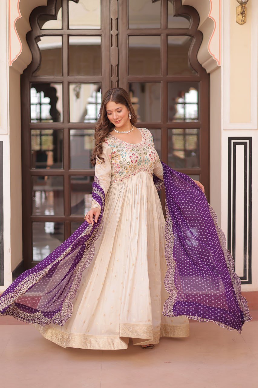 Navrang Elegance - Cosmos Jequard Gown With Bandhani Printed Embroidered Cut work Dupatta Gown Set