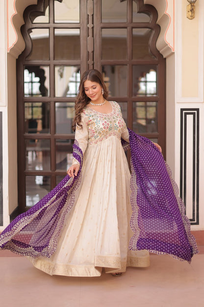 Navrang Elegance - Cosmos Jequard Gown With Bandhani Printed Embroidered Cut work Dupatta Gown Set
