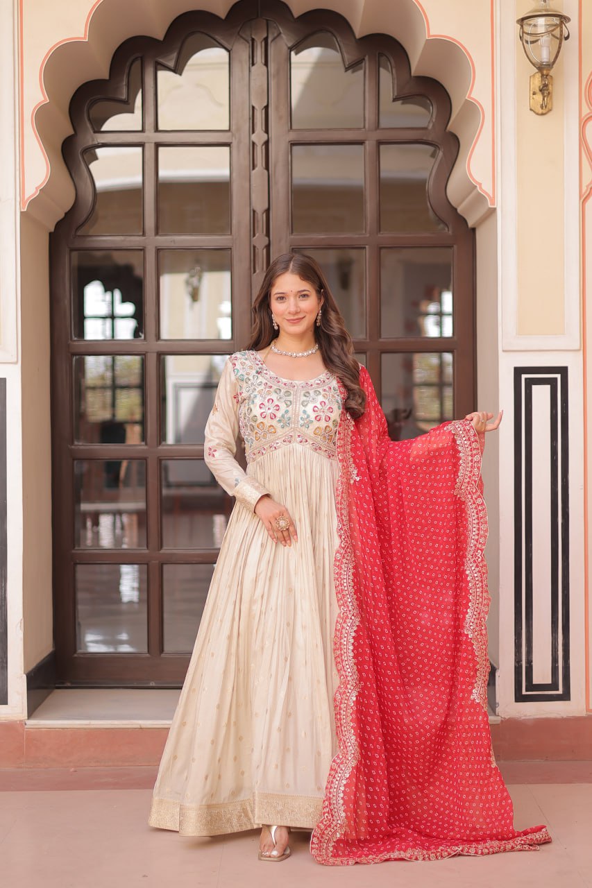 Navrang Elegance - Cosmos Jequard Gown With Bandhani Printed Embroidered Cut work Dupatta Gown Set