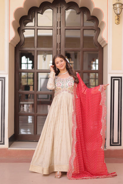Navrang Elegance - Cosmos Jequard Gown With Bandhani Printed Embroidered Cut work Dupatta Gown Set