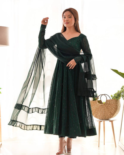 Swirling in Grace – Deep Forest Green Embroidered Anarkali Suit