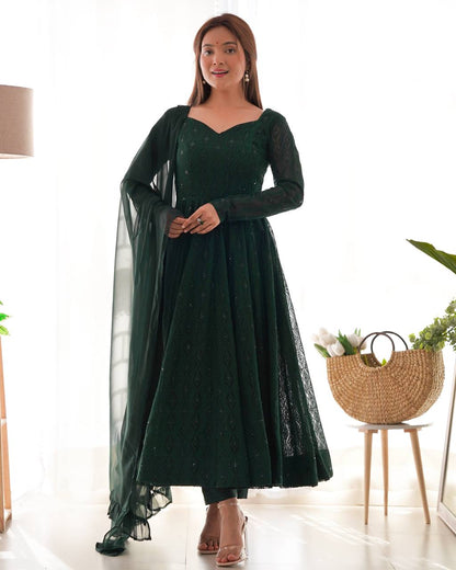 Swirling in Grace – Deep Forest Green Embroidered Anarkali Suit