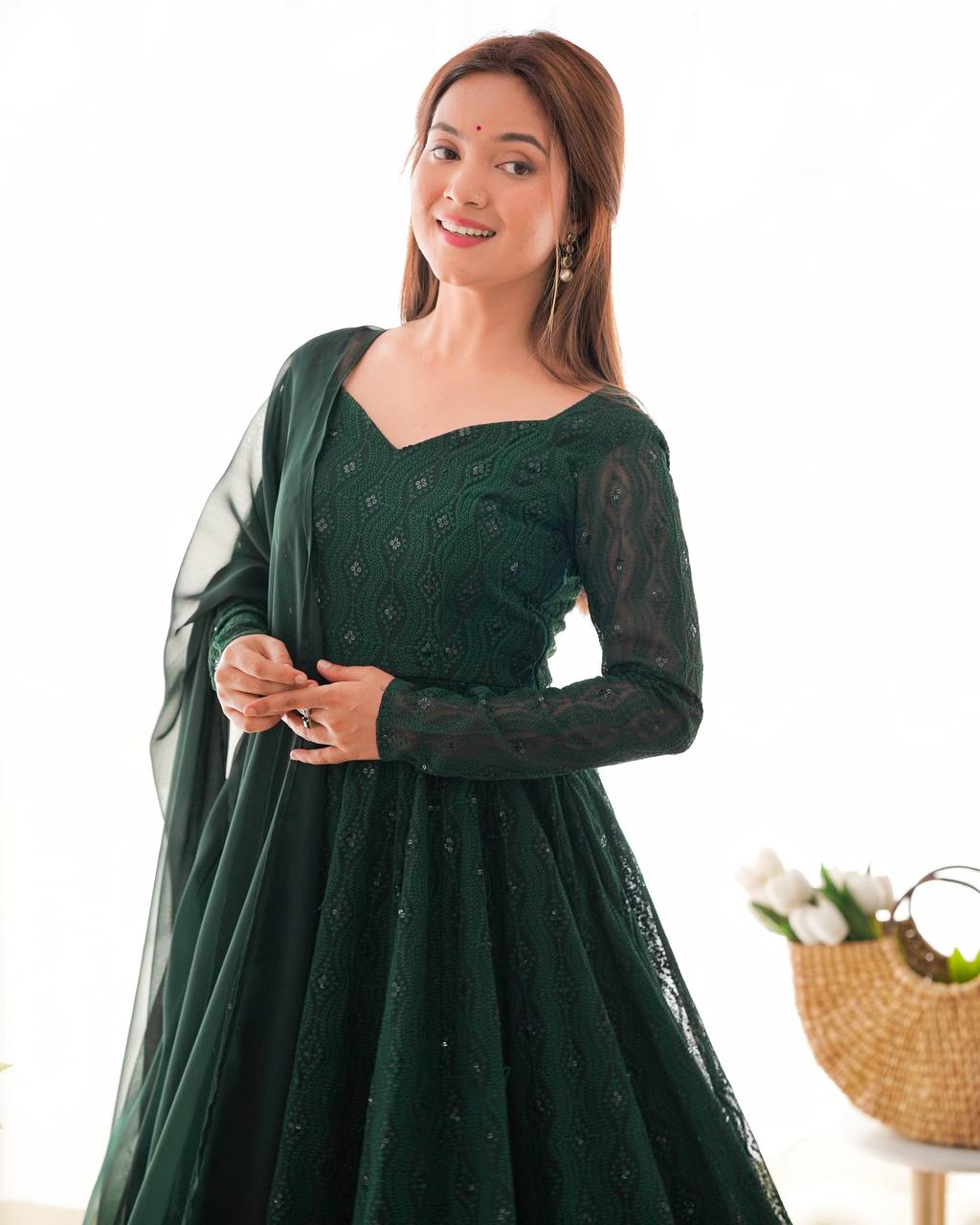 Swirling in Grace – Deep Forest Green Embroidered Anarkali Suit