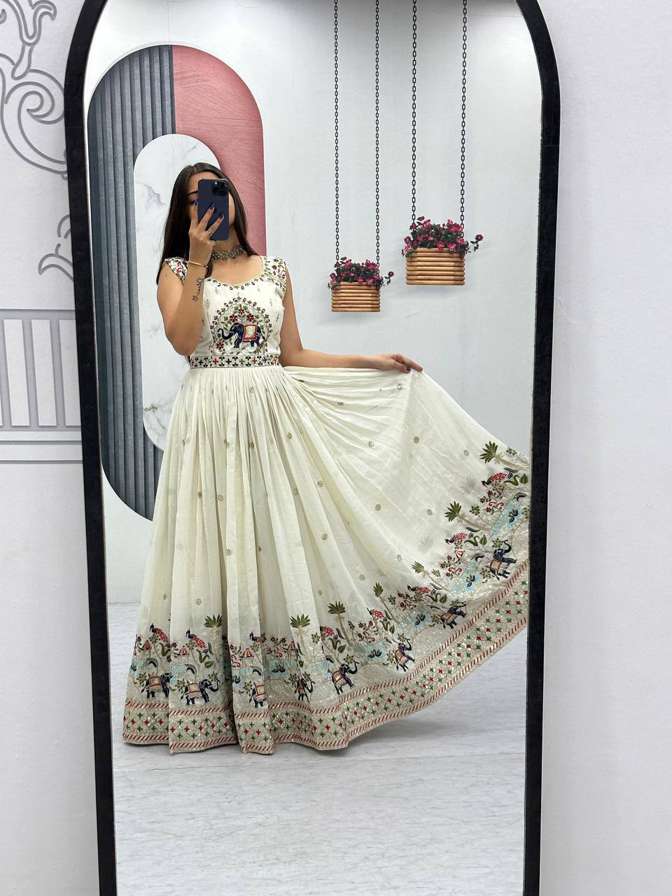 Royal Ivory Charm Handcrafted Elephant Embroidered Anarkali Gown