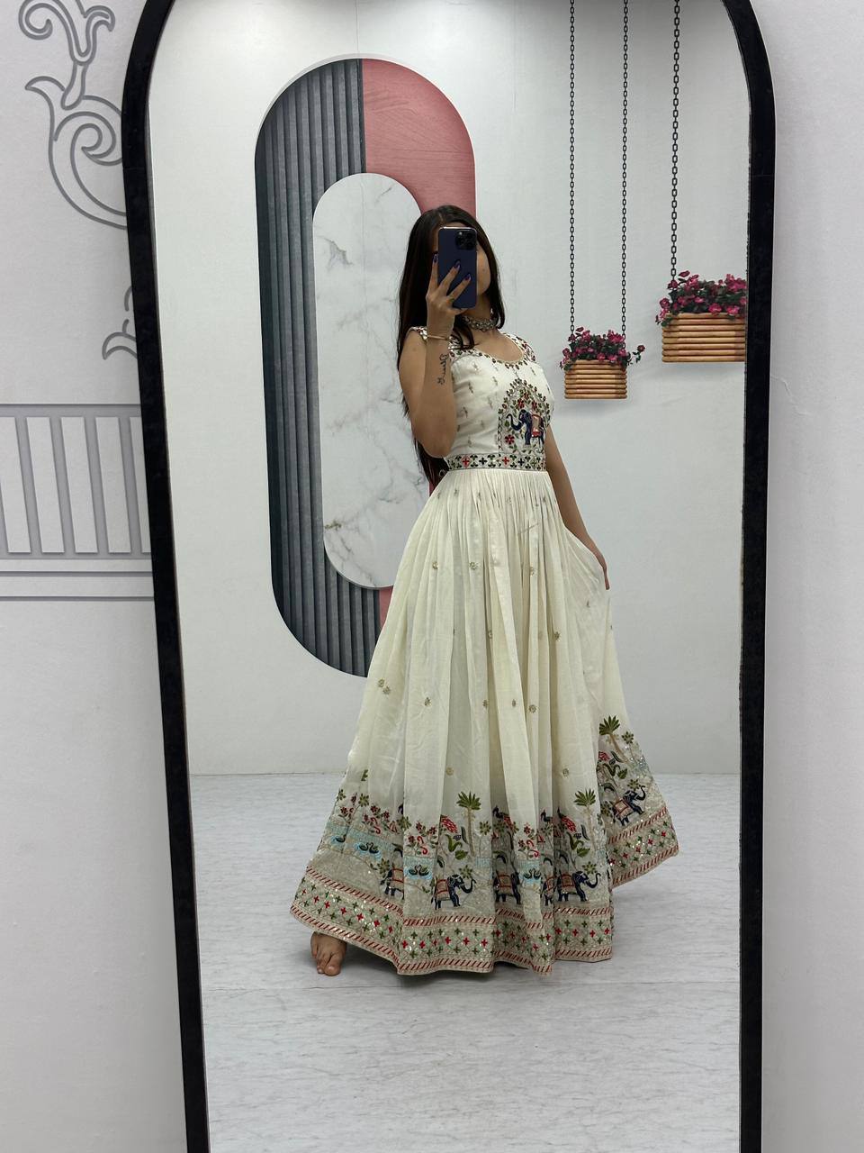 Royal Ivory Charm Handcrafted Elephant Embroidered Anarkali Gown