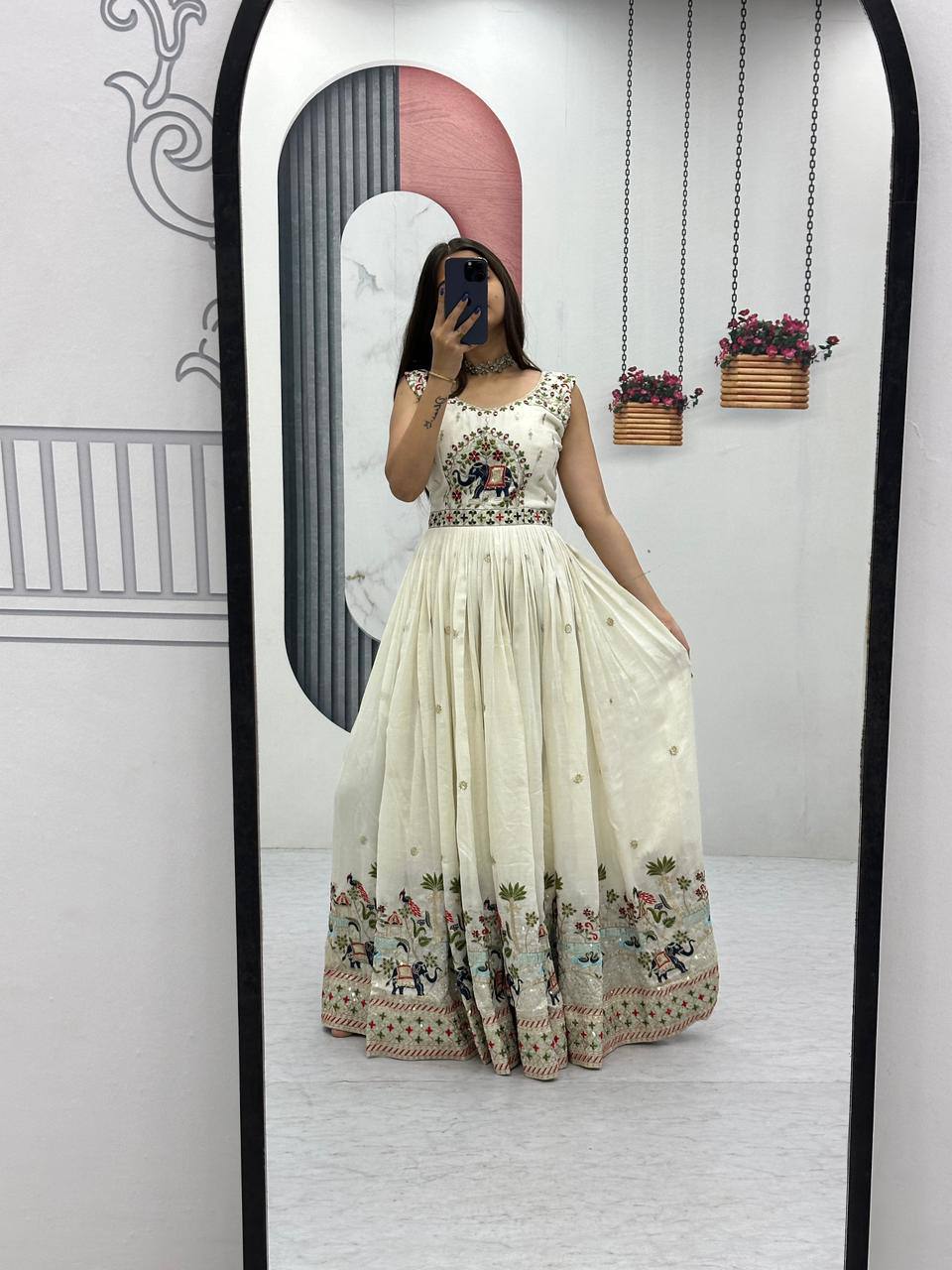 Royal Ivory Charm Handcrafted Elephant Embroidered Anarkali Gown