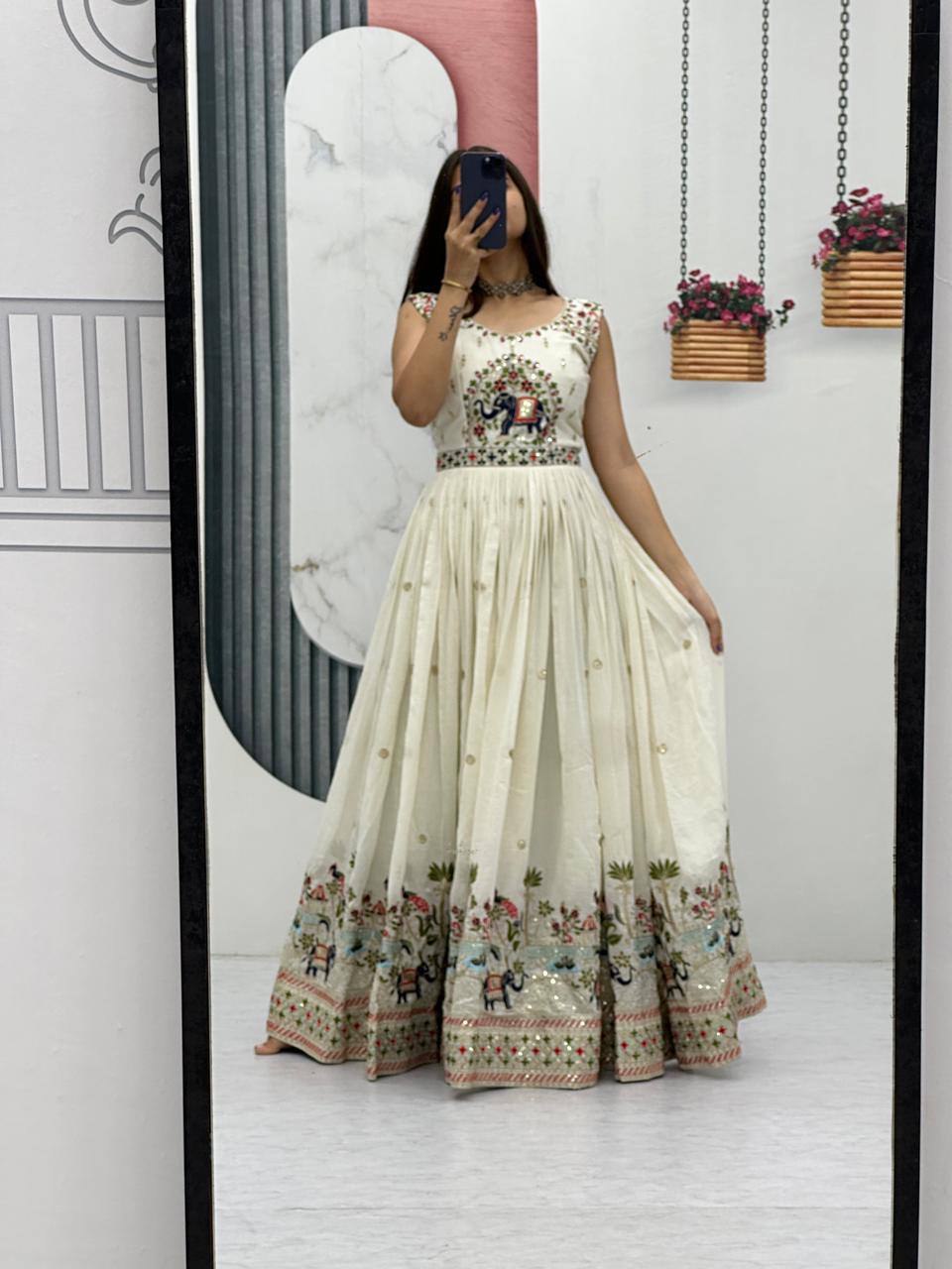 Royal Ivory Charm Handcrafted Elephant Embroidered Anarkali Gown