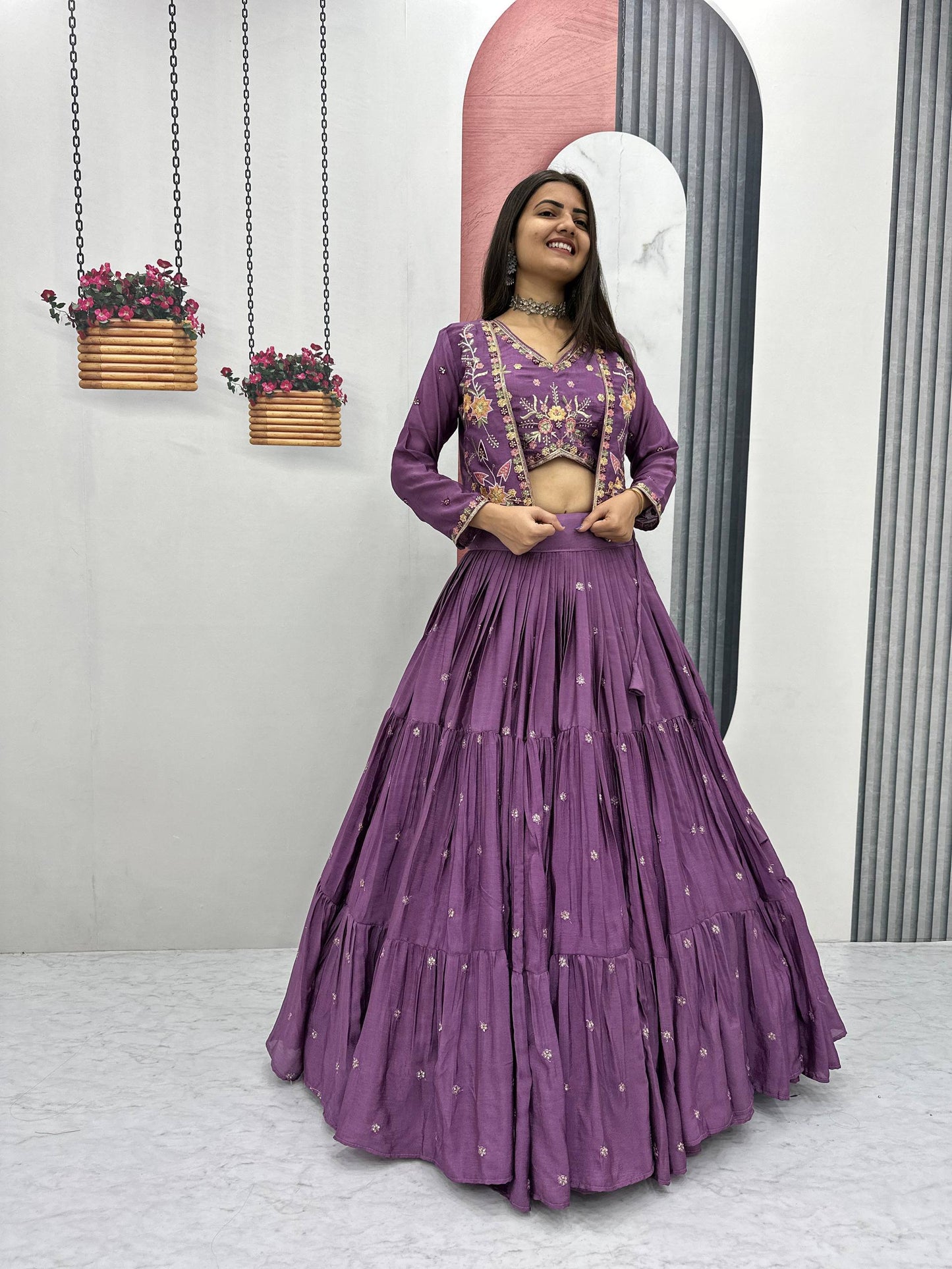 Sunlit Bloom Vibrant Yellow And Purple Ethnic Lehenga Set