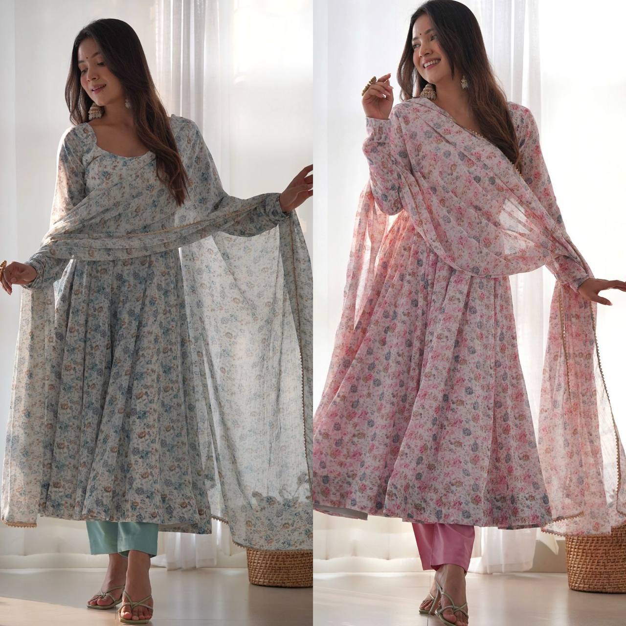 Pure Orange Chiffon Floral Print Fully Flair Anarkali