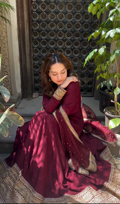 Maroon Colour Embroidered Gown Set