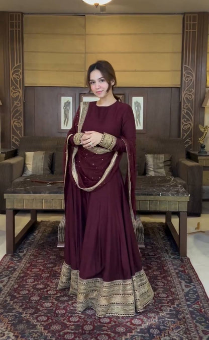 Maroon Colour Embroidered Gown Set