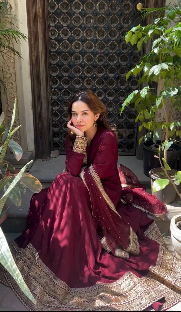 Maroon Colour Embroidered Gown Set