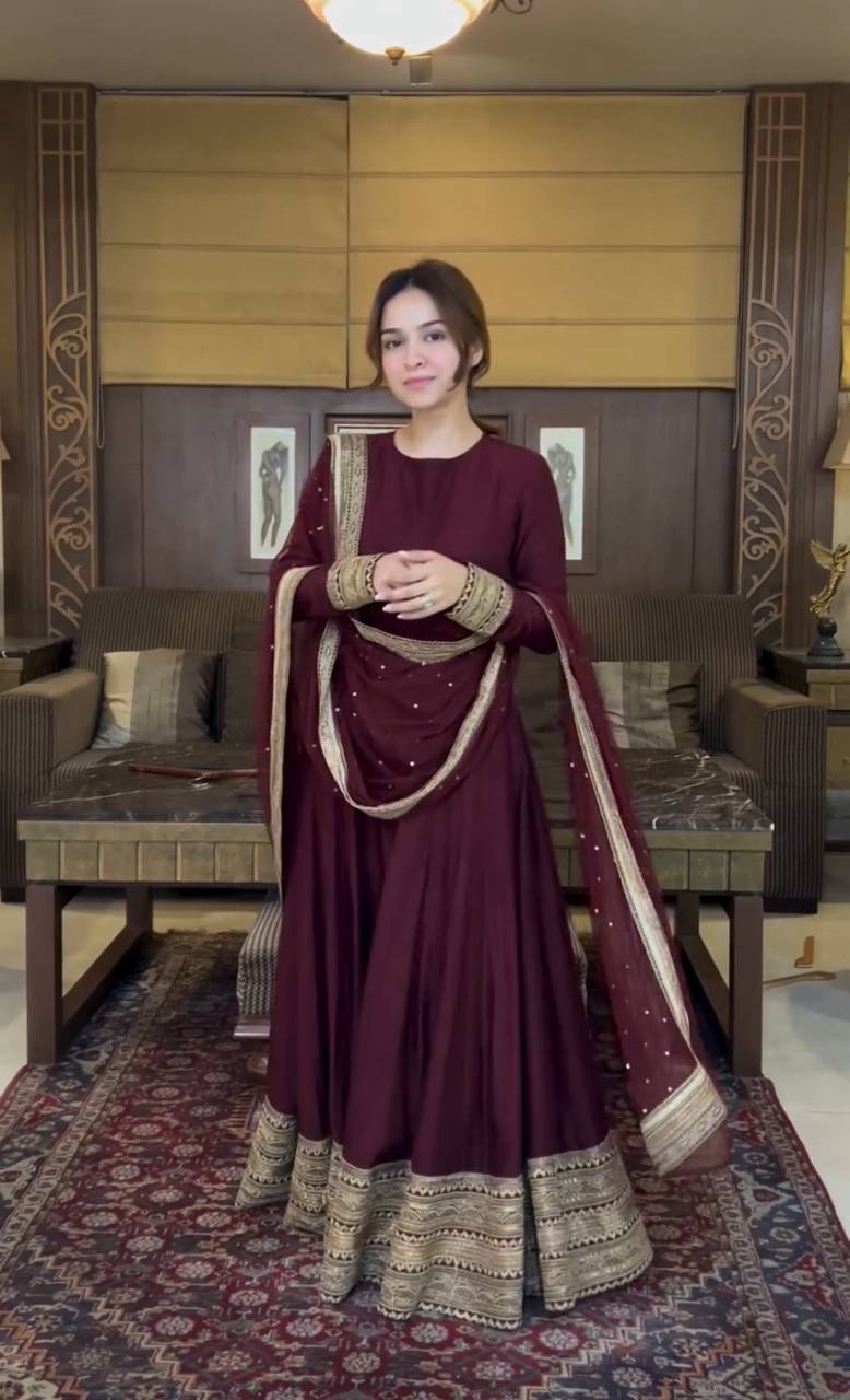 Maroon Colour Embroidered Gown Set