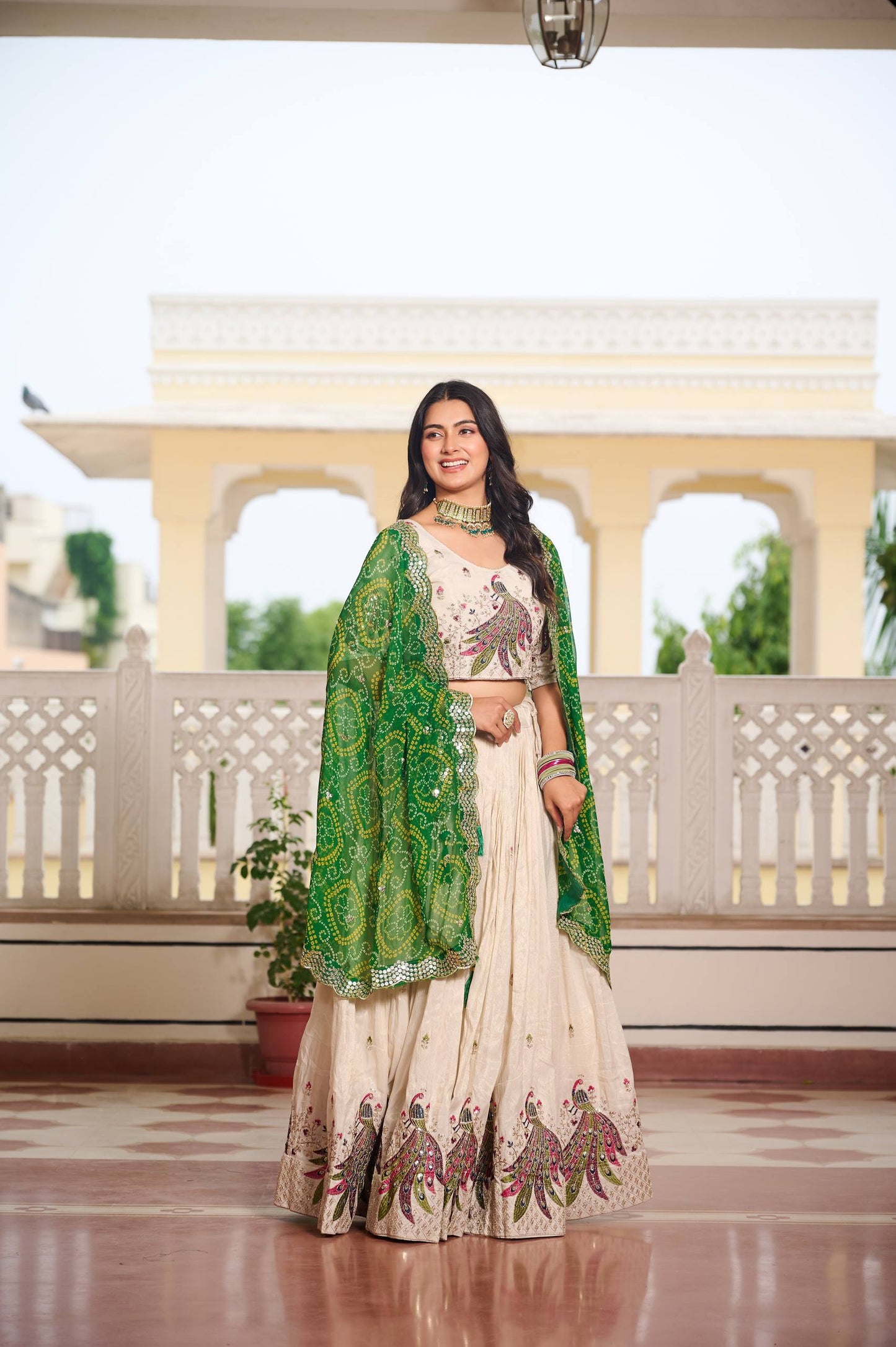 Zakhi Embroidered Lehenga Choli Set with Bandhani Dupatta Magic