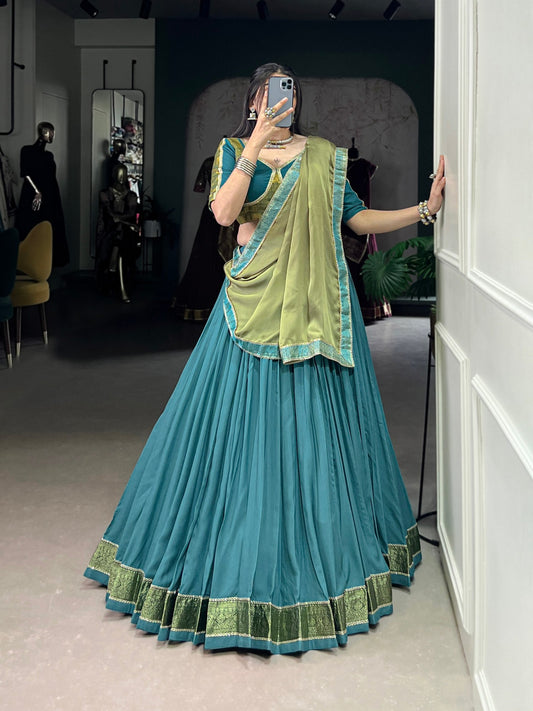 Royal Teal Woven Lehenga Set with Contrast Olive Dupatta