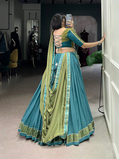 Royal Teal Woven Lehenga Set with Contrast Olive Dupatta