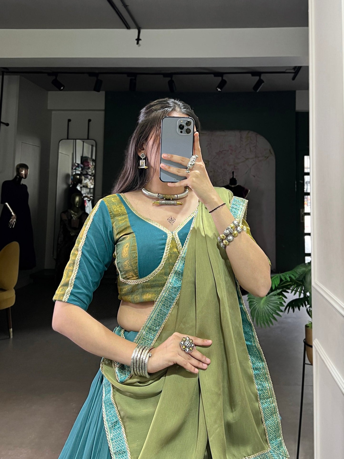 Royal Teal Woven Lehenga Set with Contrast Olive Dupatta