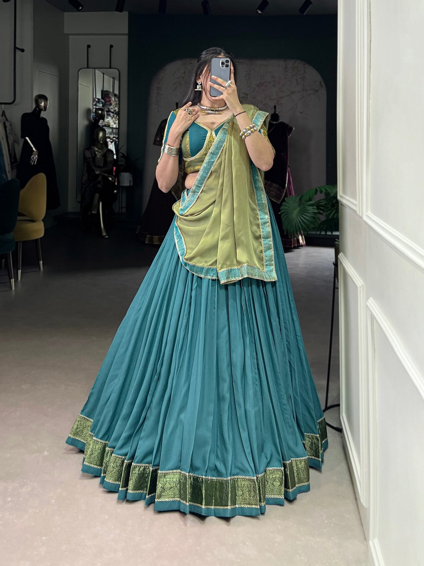 Royal Teal Woven Lehenga Set with Contrast Olive Dupatta