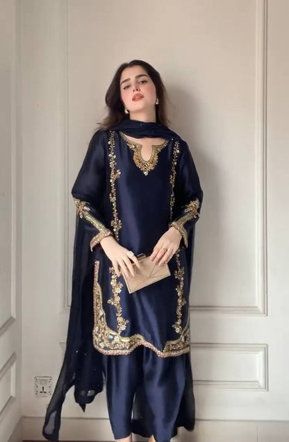 Azure Moti Hand Work Crep Silk Farshi Salwar